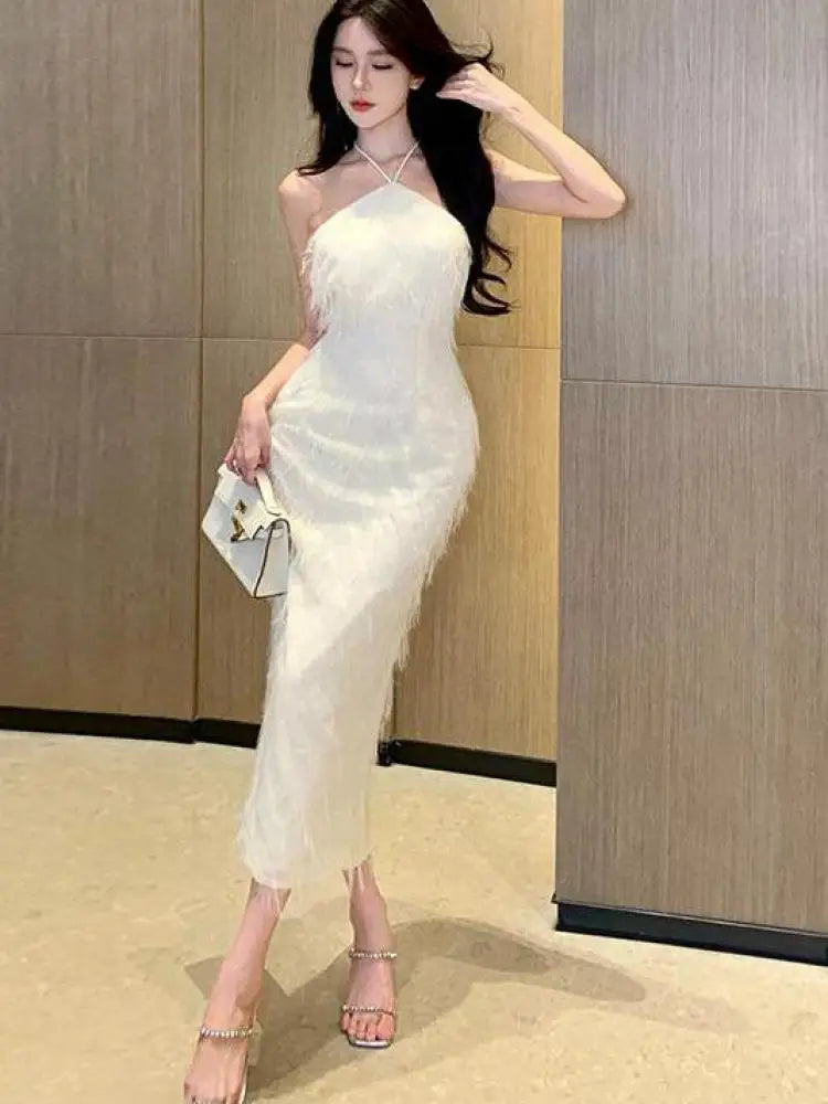 Aiertu White Halter Tassel Bandage Dress Women Summer Backless Sexy Club Dress Luxury Elegant Temperament Party Evening Dresses Aiertu