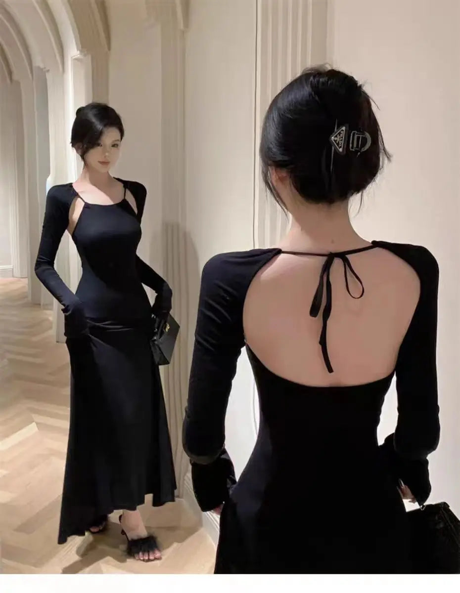 Aiertu Vintage Elegant Halter Bcakless Black Long Dress Women Retro Wrap Party Long Sleeve Maxi Dresses 2024 Spring Aiertu