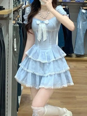 Aiertu 2024 Summer Sweet Kawaii Blue Plaid Dress Woman Lolita Lace Y2k Mini Dress Short Party Elegant One Piece Dress Korean Fashion Aiertu