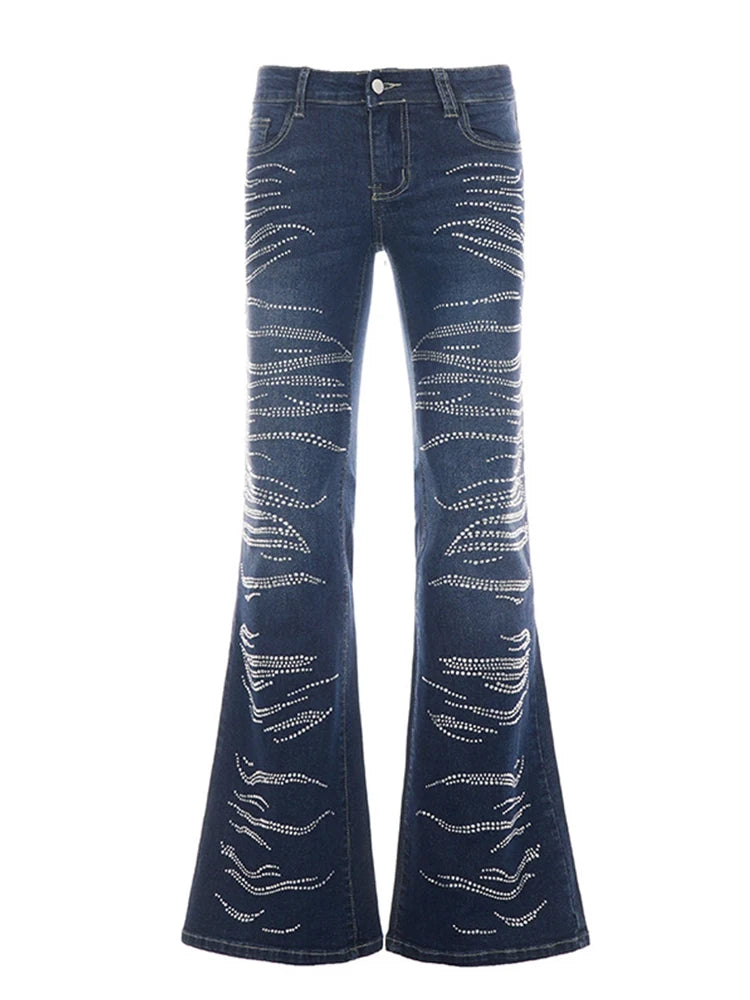 AIERTU  -  Women's Low Waist Flare Jeans Rhinestone Wave Pattern Bootcut Denim Pants Y2K Vintage Slim Fit Bell Trousers Streetwear Outfit Aiertu