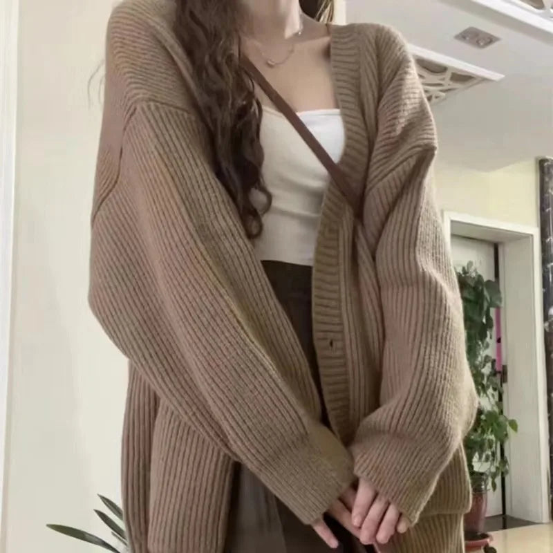 Aiertu Autumn Winter Women Cardigan Sweater Coats Fashion Female Long Sleeve V-neck Loose Knitted Jackets Casual Sweater Cardigans Aiertu