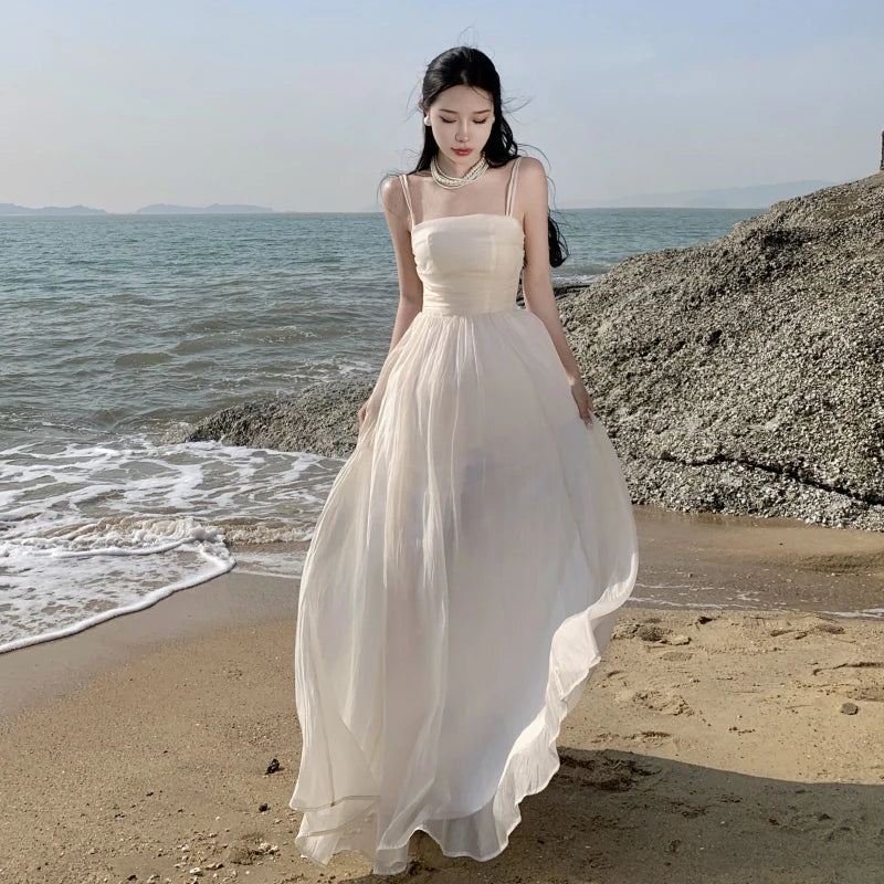 Aiertu Summer Purple Fairy Evening Party Long Dress Women Vintage Sexy Dresses Ladies Spaghetti Strap Tulle Pleated Dress Backless New Aiertu