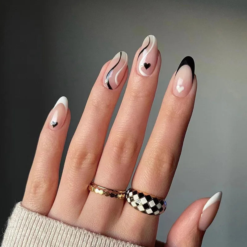 Aiertu 24Pcs Simple Green French False Nails Short Almond Fake Nails with Wave Line Design Wearable Round Head Press on Nail Tips Aiertu