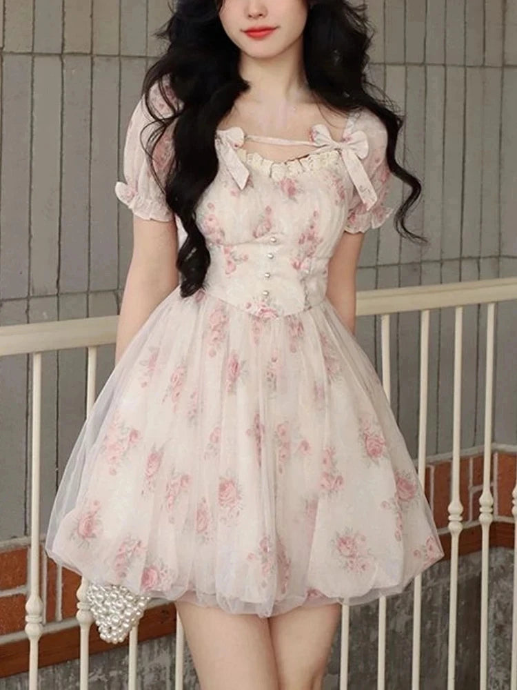 Aiertu Women Elegant Floral Print Casual Mini Dress Vintage Chic A-Line Slim Party Birthday Clothes Female Robe Vestidos Spring Summer Aiertu