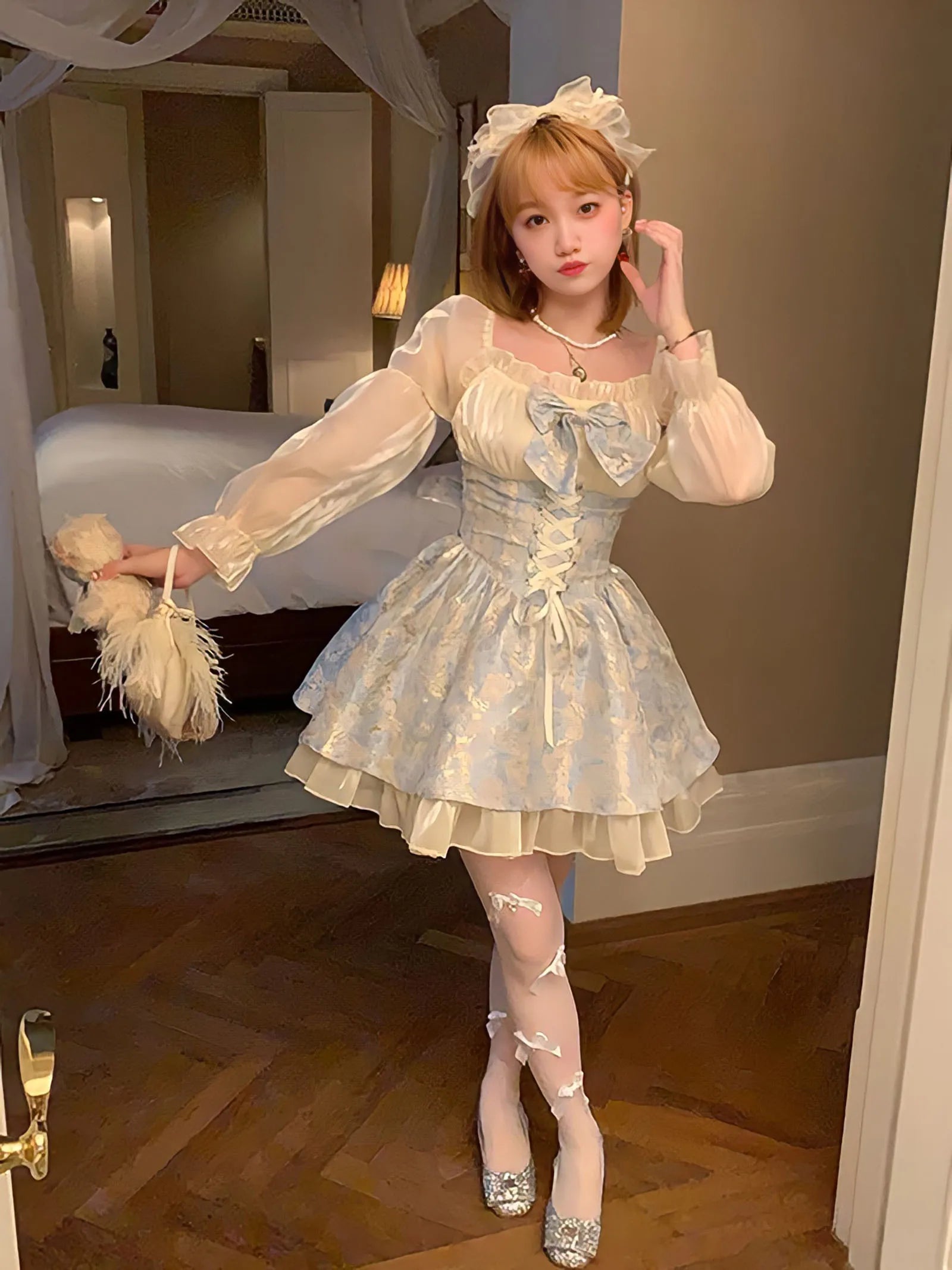 Aiertu  Princess Dress Women Party Y2k Bandage Blue Cosplay Costumes Japanese Puff Sleeve Ribbon Square Neck Bowknot Mini Dress Aiertu