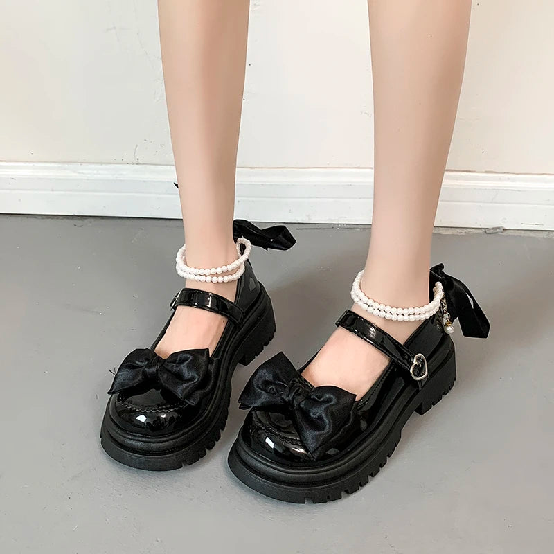 Aiertu Back  to school Sweet cool small leather shoes new summer lightweight muffin bow thick sole JK single shoes Aiertu