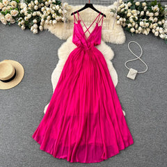 Aiertu Summer Sexy A Line Dress Deep V Neck Sling Cross Ruffles Backless Pleated Solid Women Elegant Evening Party Long Dress Aiertu