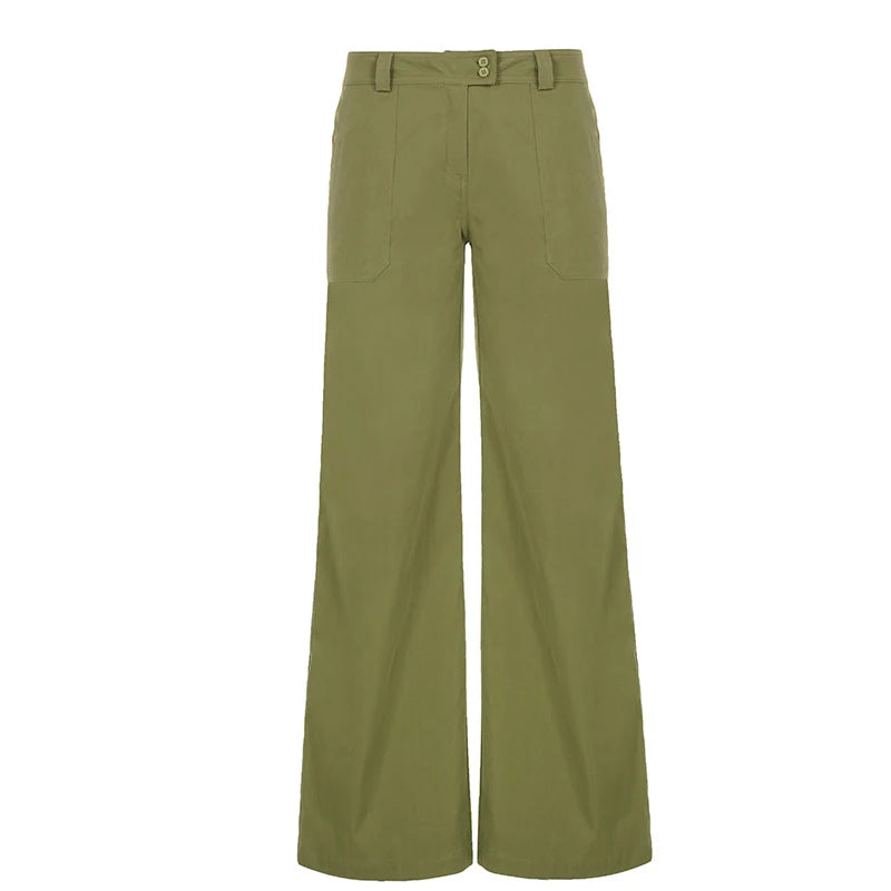AIERTU  -  Harajuku Street Low Waist Green Slimming Club Wide Leg Trousers Simple Versatile Commuting Pockets Pants for Women Aiertu