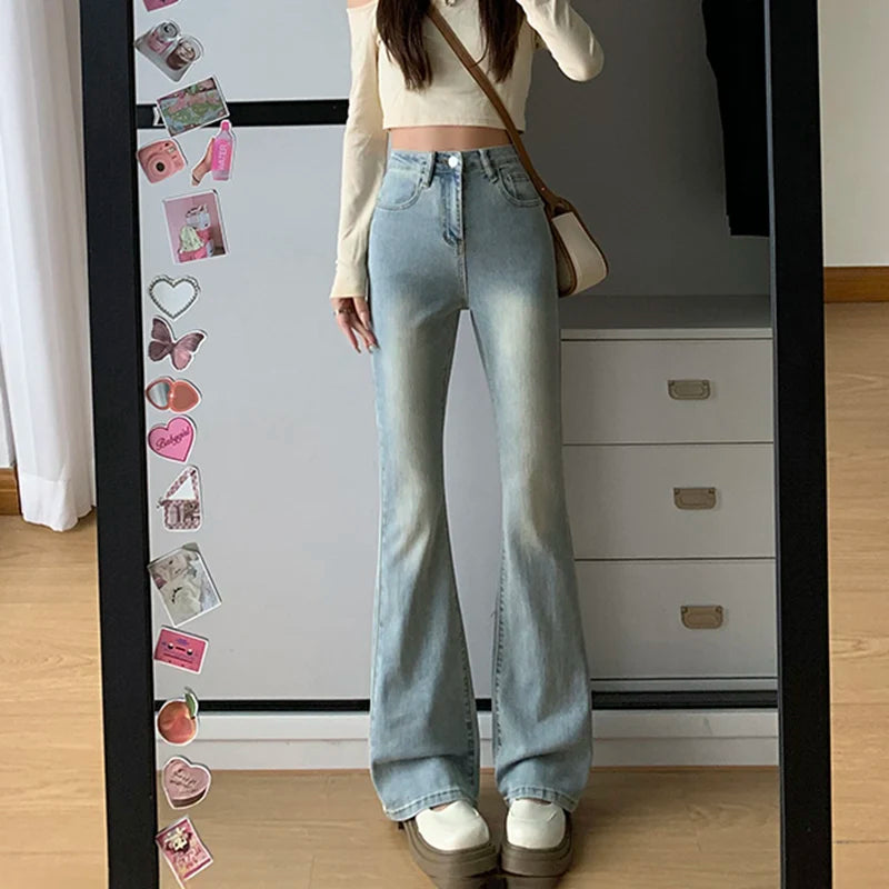 Aiertu Women Flare Stretch Moustache Jeans Fashion Skinny Bell Bottom High Waist Gray Denim Pants Lady Classic Y2K Punk Long Trousers Aiertu