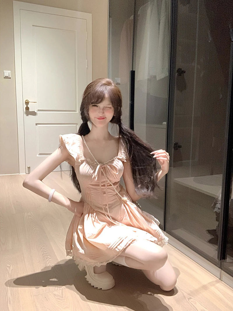 AIERTU  -  Kawaii Pink Mini Dress Women Party Cutecore Lace Patchwork Dresses Summer Japanese Fashion Flying Sleeve Bodycon A Line Vestidos Aiertu