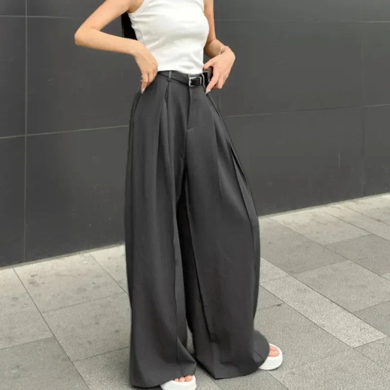Baggy Casual Grey Suit Pants Woman Korean Fashion Classical Office Ladies Wide Leg Trousers High Waist Basic Pantalone Aiertu