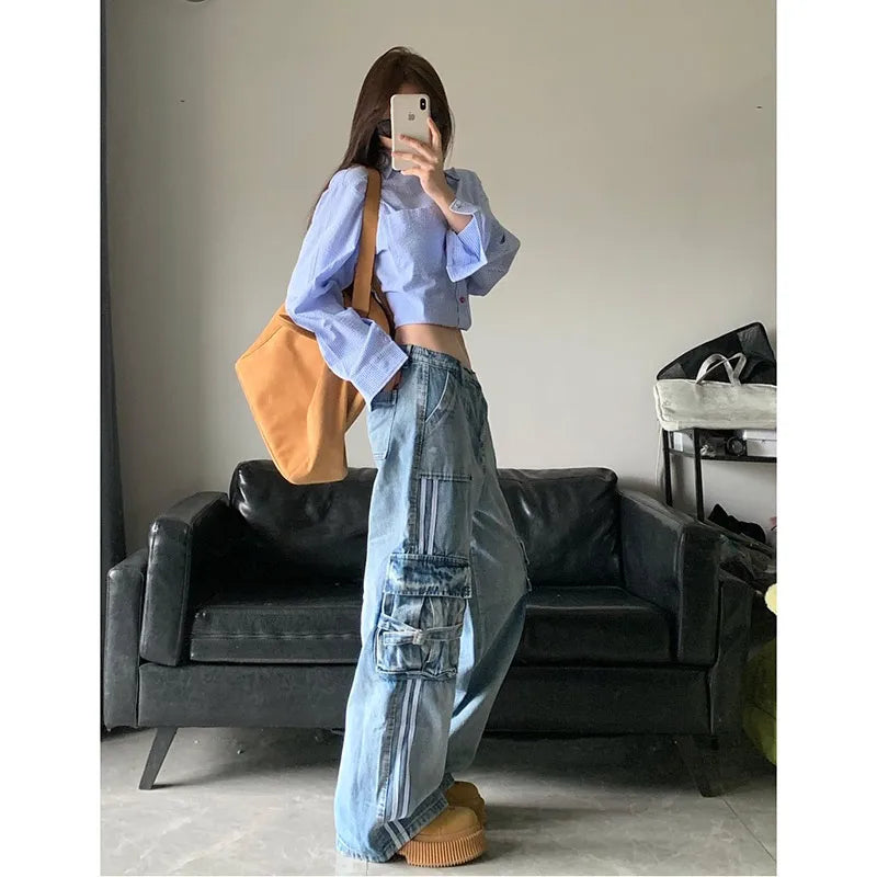 Aiertu Women's Blue Cargo Jeans Baggy Vintage High Waist Cowboy Pants Harajuku Denim Trousers 90s Y2k Japanese 2000s Style Clothes 2024 Aiertu