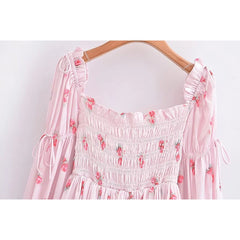 Aiertu Sweet Pink Floral Print Satin Sexy Off Shoulder Dress Women Long Sleeve Holiday Party Mini Dresses Princess Fairy Robe Aiertu