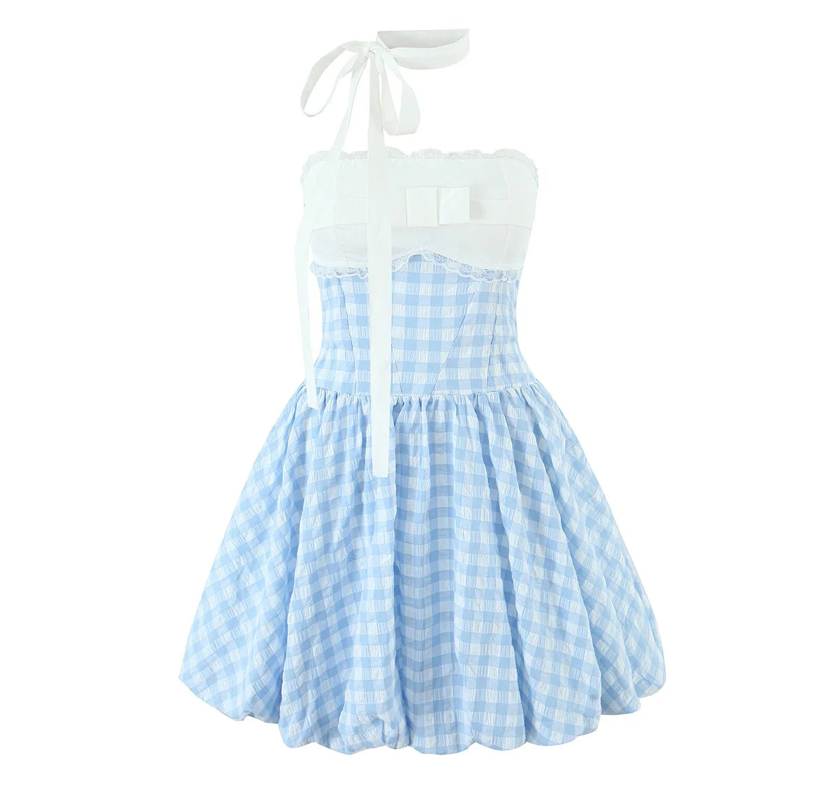 AIERTU  -  Blue Gingham Halter Mini Dress Women Y2K Ruffle Bustier Puff Balloon Hem Party Dress Aiertu