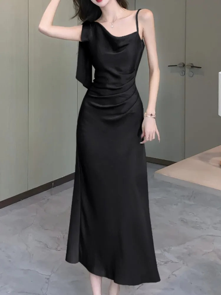 Aiertu Spaghetti Strap Women Fashion Satin Midi Dress Sleeveless Casual Solid Chic Bodycon Slim Party Dresses Female Vestidos New Aiertu