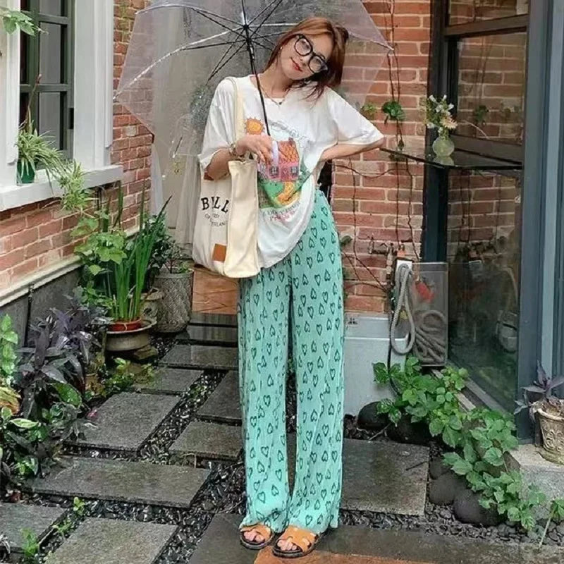 Aiertu Harajuku Y2K Pink Pants Heart Printed Sweet Trousers Vintage Aesthetic Party Pants Pockets Joggers Outfits Women New Streetwear Aiertu