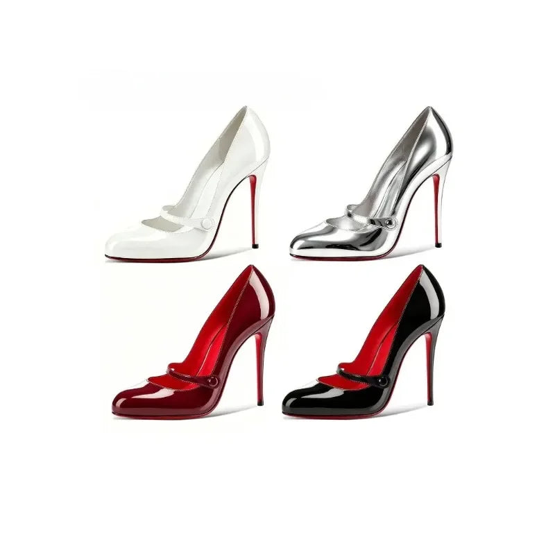 AIERTU  -  New Slim Heel sexy Shallow Mouth 12cm Round Toe Women's Straight Line with Rhinestone Buckle Retro Mary Jane Single Shoe Aiertu
