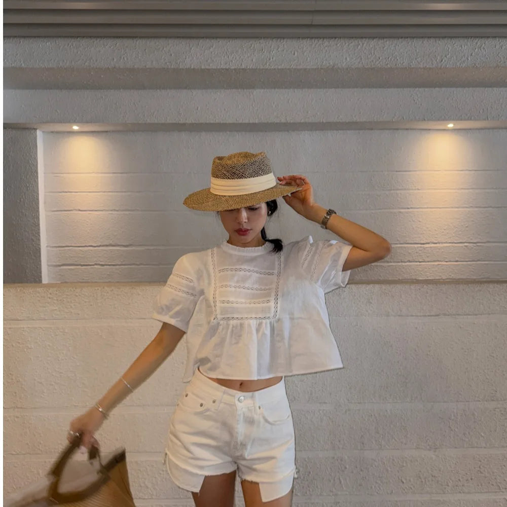 AIERTU  -  Korean Style Chic Short Sleeve Shirt Heavy Embellishment Lace Trimmed Lantern Sleeve Vintage Fashion Women's Shirt Summer Aiertu