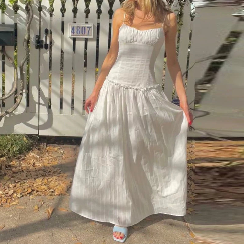 AIERTU  -  Women Y2K Maxi Dress Elegent Spaghetti Strap Square Neck Pleated Front Flowy Long Dress Summer Backless Ruched Ruffle Hem Dress Aiertu