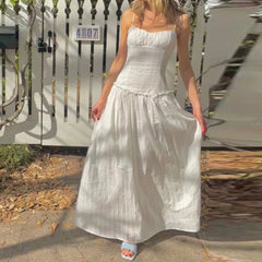 AIERTU  -  Women Y2K Maxi Dress Elegent Spaghetti Strap Square Neck Pleated Front Flowy Long Dress Summer Backless Ruched Ruffle Hem Dress Aiertu