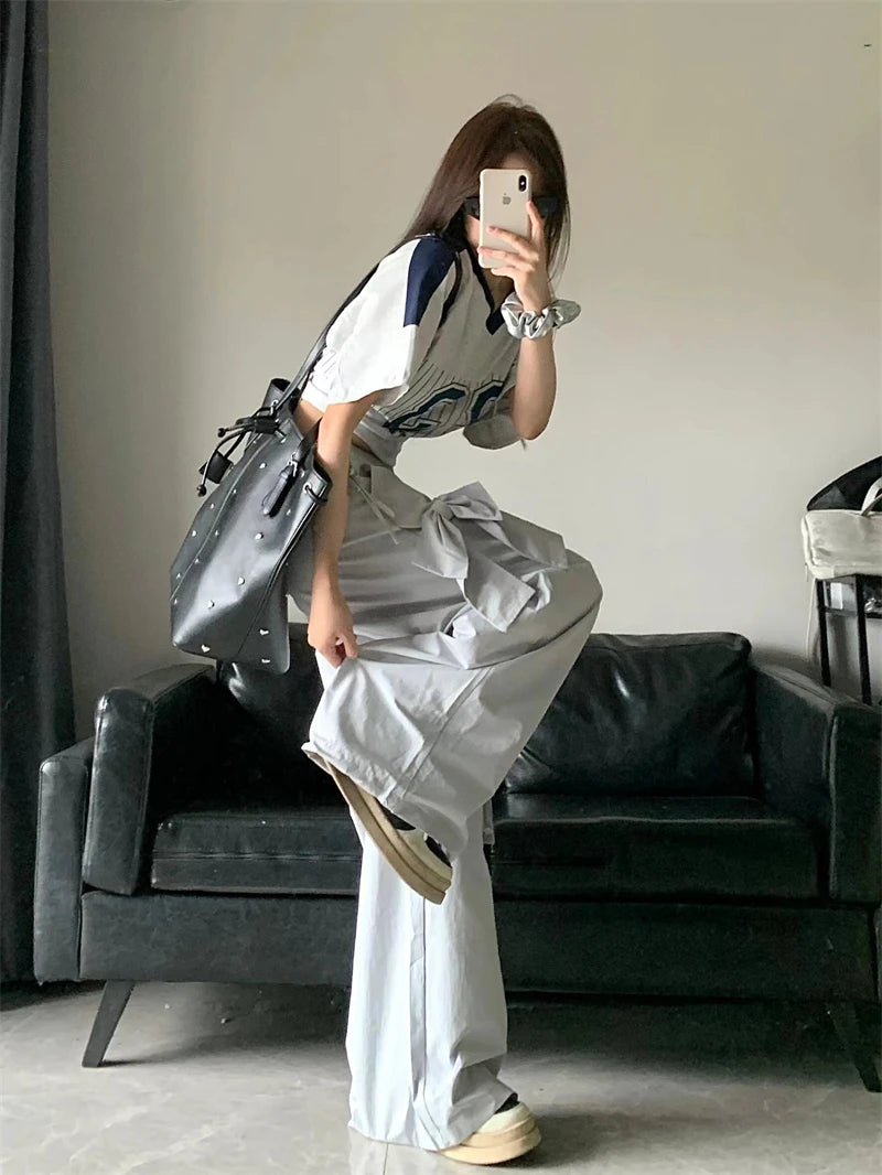 Aiertu New Design Gyaru Jeans Woman Vintage High Waist Wide Leg Pants Bow Elastic Waist Baggy Trousers Casual Tide Streetwear Simple Aiertu