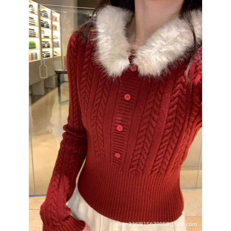 AIERTU  -  New Year Red Christmas Knitted Sweater Autumn Winter New Style Twist Slim Fit Fashion Removable Fur Collar Base Top Aiertu