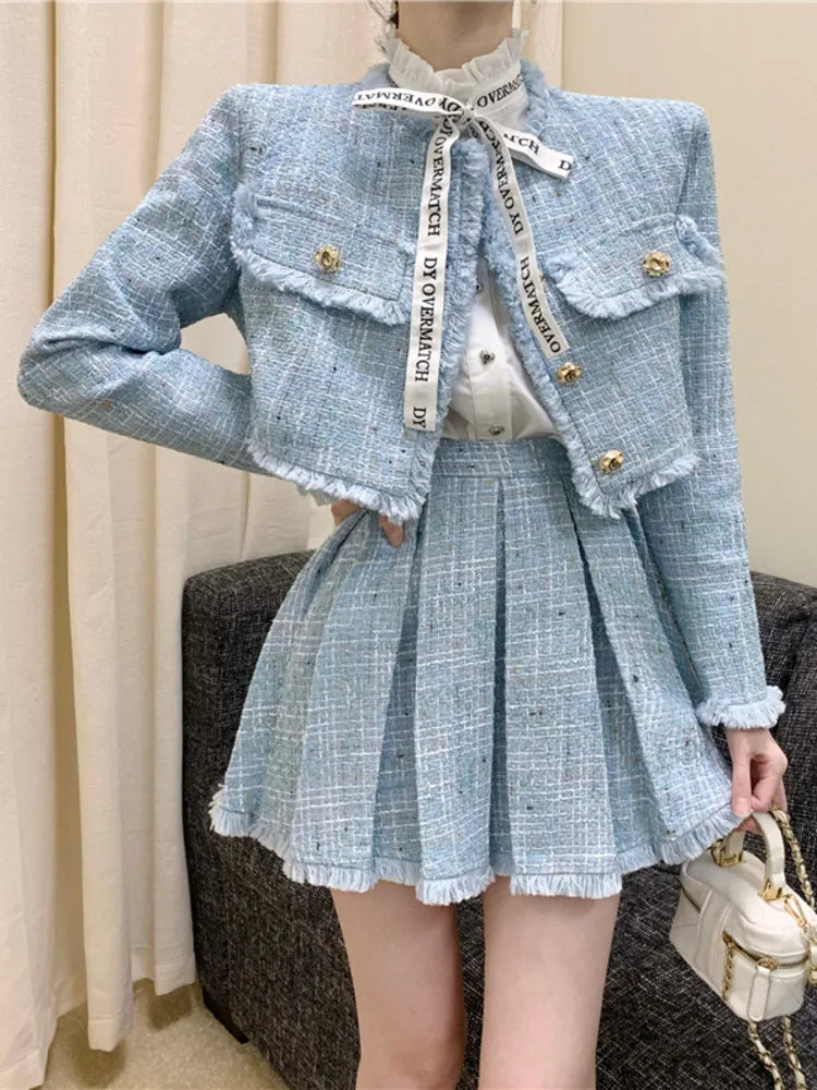 Aiertu High Quality Fashion Tassel Design Small Fragrance 2 Piece Sets Women Outfit Long Sleeve Short Jacket Coat + Pleated Skirt Suits Aiertu