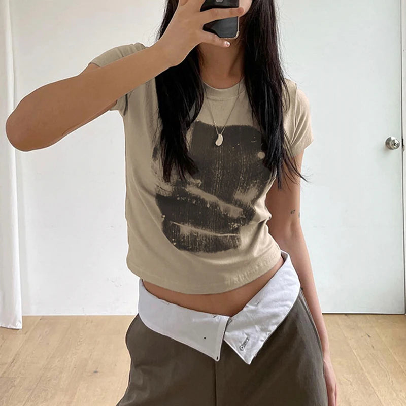Aiertu Vintage Chic Print y2k Crop Top Crewneck Slim Short Sleeve T-shirt Summer Harajuku  Streetwear y2k Retro Tees Shirt Women Aiertu