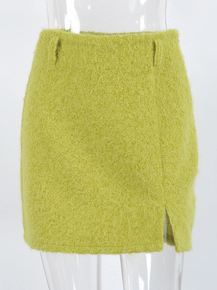 AIERTU  -  Women Knit Mini Skirt High Waist Front Split Bodycon Short Skirt Solid Green Slim Fit Pencil Skirt Fall Winter Bottoms Aiertu