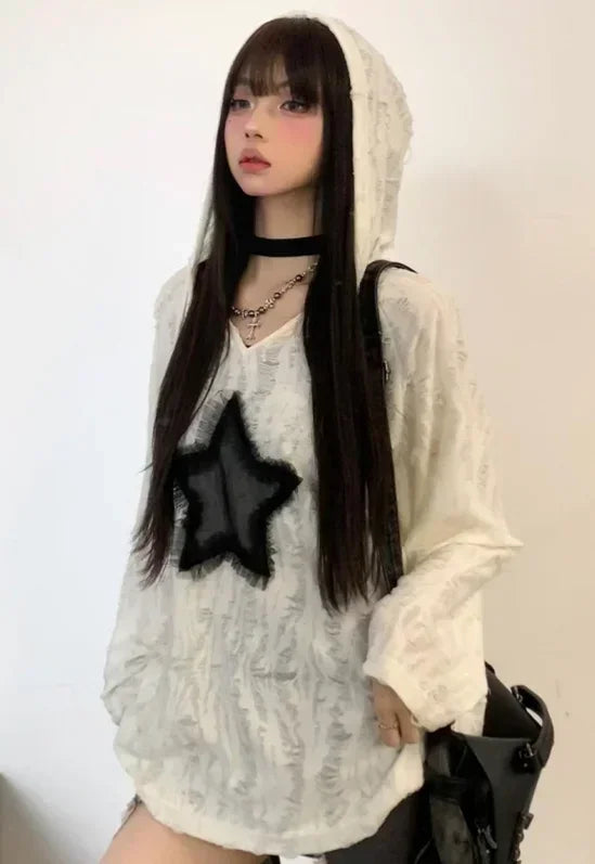 Aiertu Grunge Hole T-shirt Women Fashion Star Print Y2k Aesthetic Loose Tees Kpop Fairycore Ripped Tshirt Harajuku Gothic Streetwear Aiertu