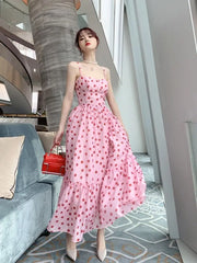 Aiertu Women Vintage Sexy Dot Dress Retro Party Dress Summer Sleeveless French Waist Up Sweet Fairy Big Swing Skirt Long Sundress Aiertu