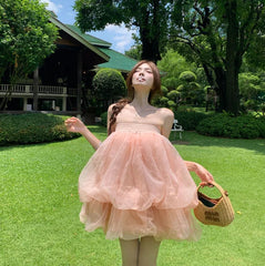 AIERTU  -  Summer French Fashion Fairy Mini Dress Women's Sleeveless Strapless Tulle Bubble Puffy Dress Elegant Chic Princess Party Dress Aiertu