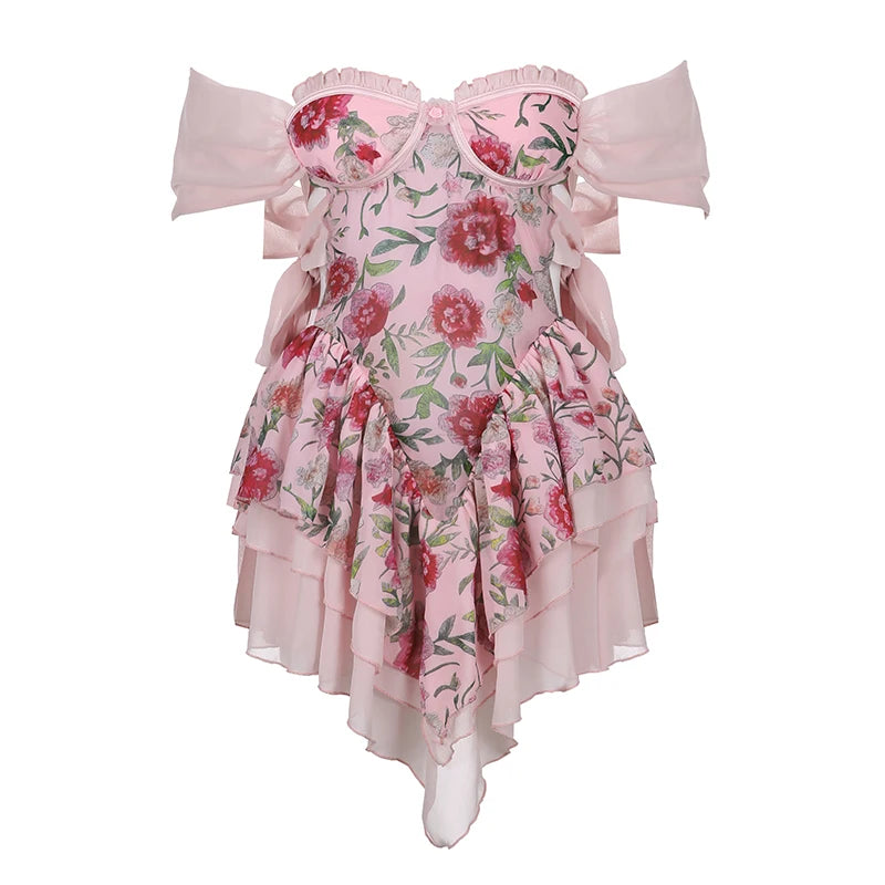 Aiertu Elegant Floral Print Chiffon Dress Pink Side Bandage Aesthetic Irregular Ruffle Mini Dresses Boho Sweet Outfit Party Vacation Aiertu