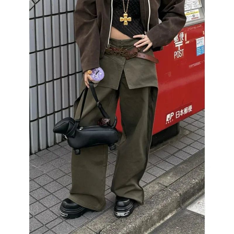 AIERTU  -  Design Sense Piece Splicing Jeans Children's Spring New Spice Girls Retro Old Washed Army Green Floor Pants Aiertu