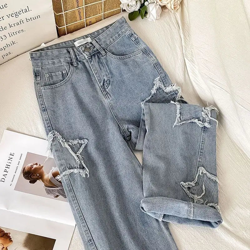 Aiertu Denim Popular Ins Fashion Korean With Star Spring Autumn New High Waist Straight Leg Loose Fitting Jeans Aiertu