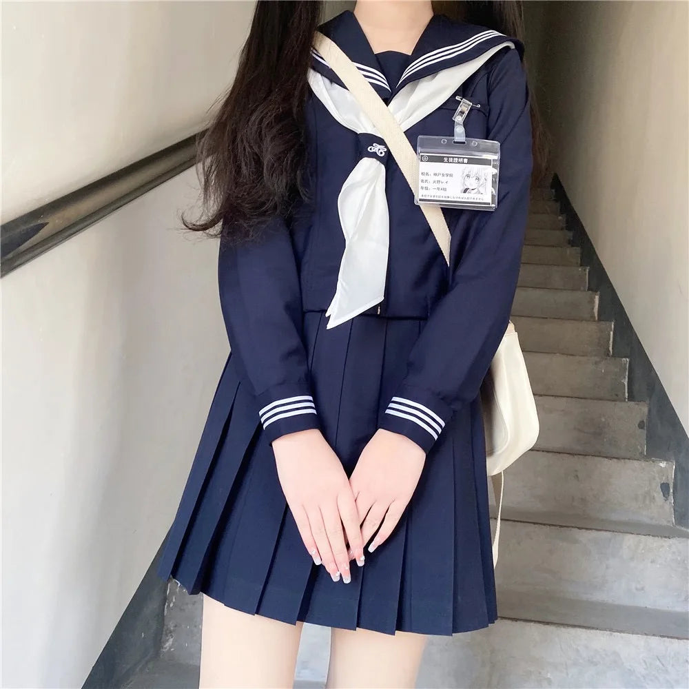 Aiertu Dark Blue Three Orthodox JK School Uniform Girls S-XXL College Style Sailor Spring Summer Suit Women Shirt Pleated Skirt Aiertu