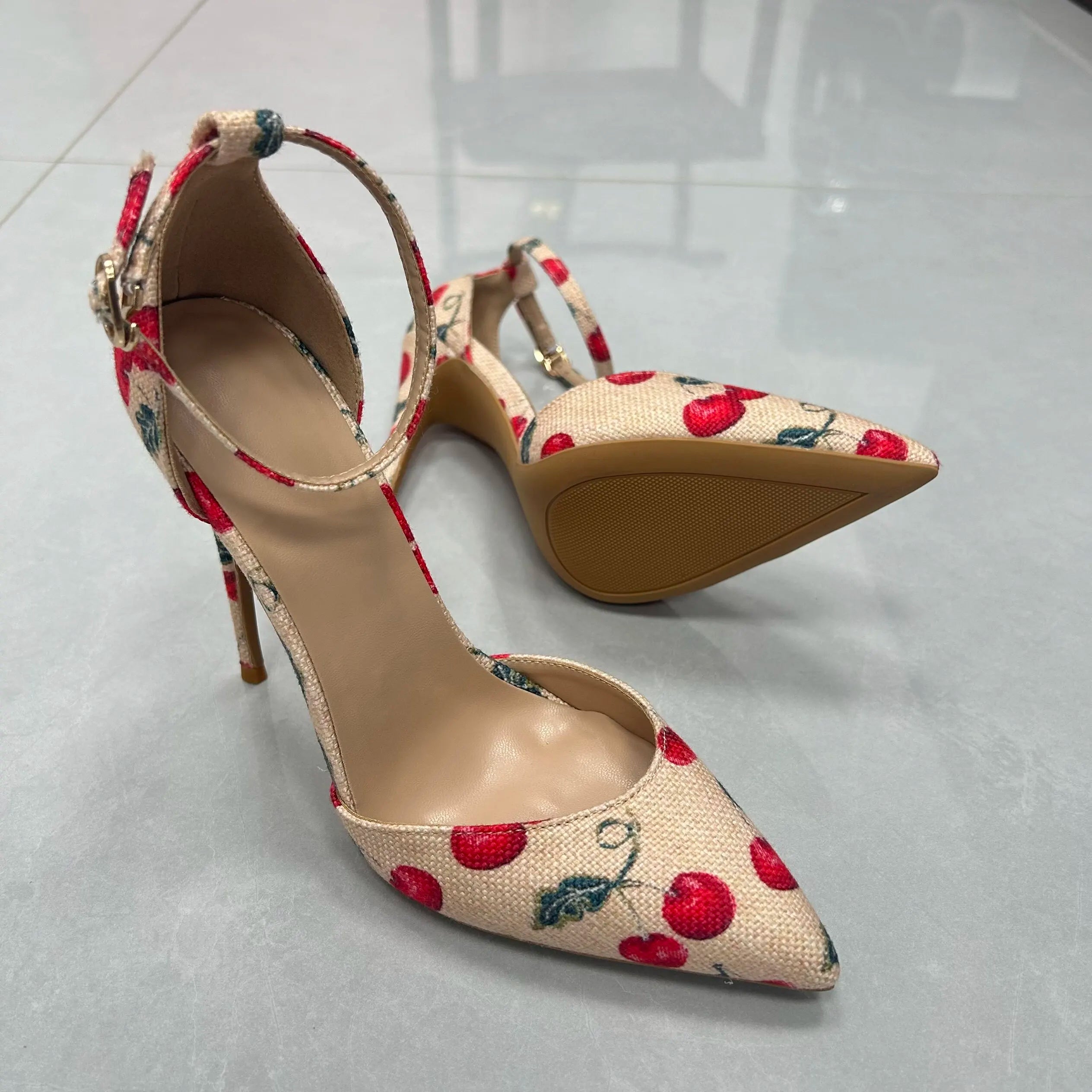 AIERTU  -  One Word Buckle with Cherry Print Pointed Stiletto High Heels for Women's Shallow Mouth Fashion Versatile Dating Commuter Shoes Aiertu