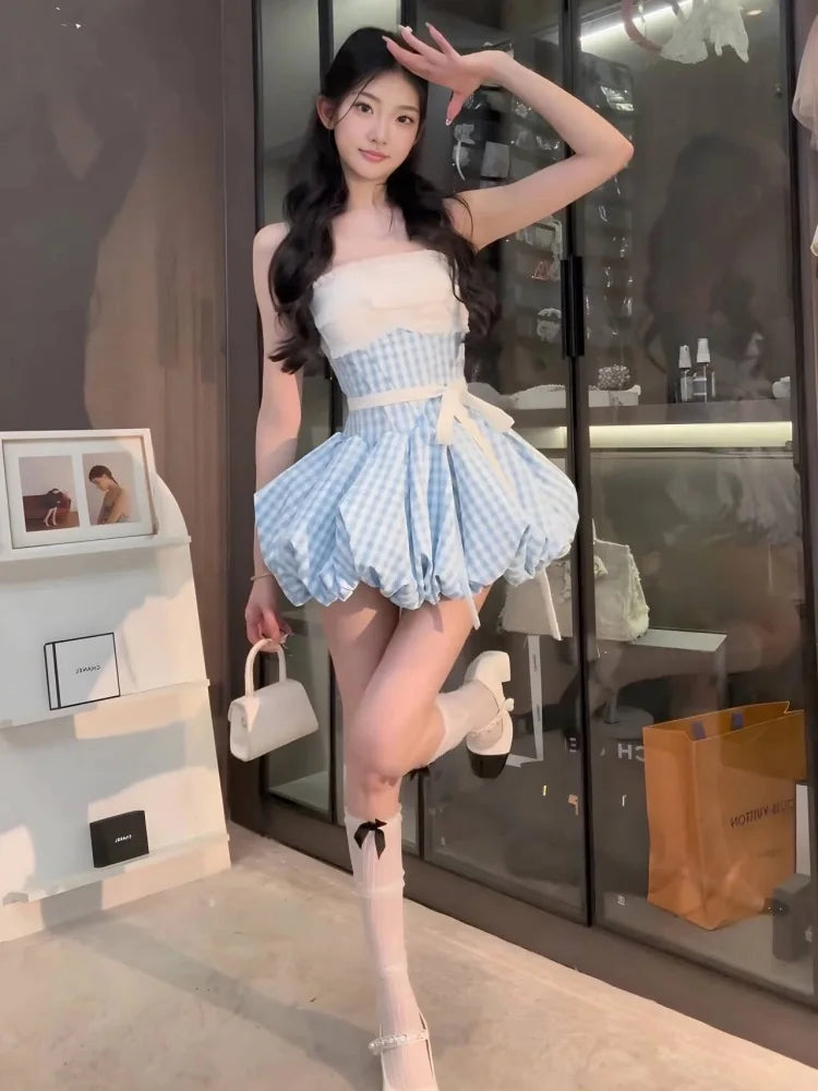 AIERTU  -  Blue Gingham Halter Mini Dress Women Y2K Ruffle Bustier Puff Balloon Hem Party Dress Aiertu