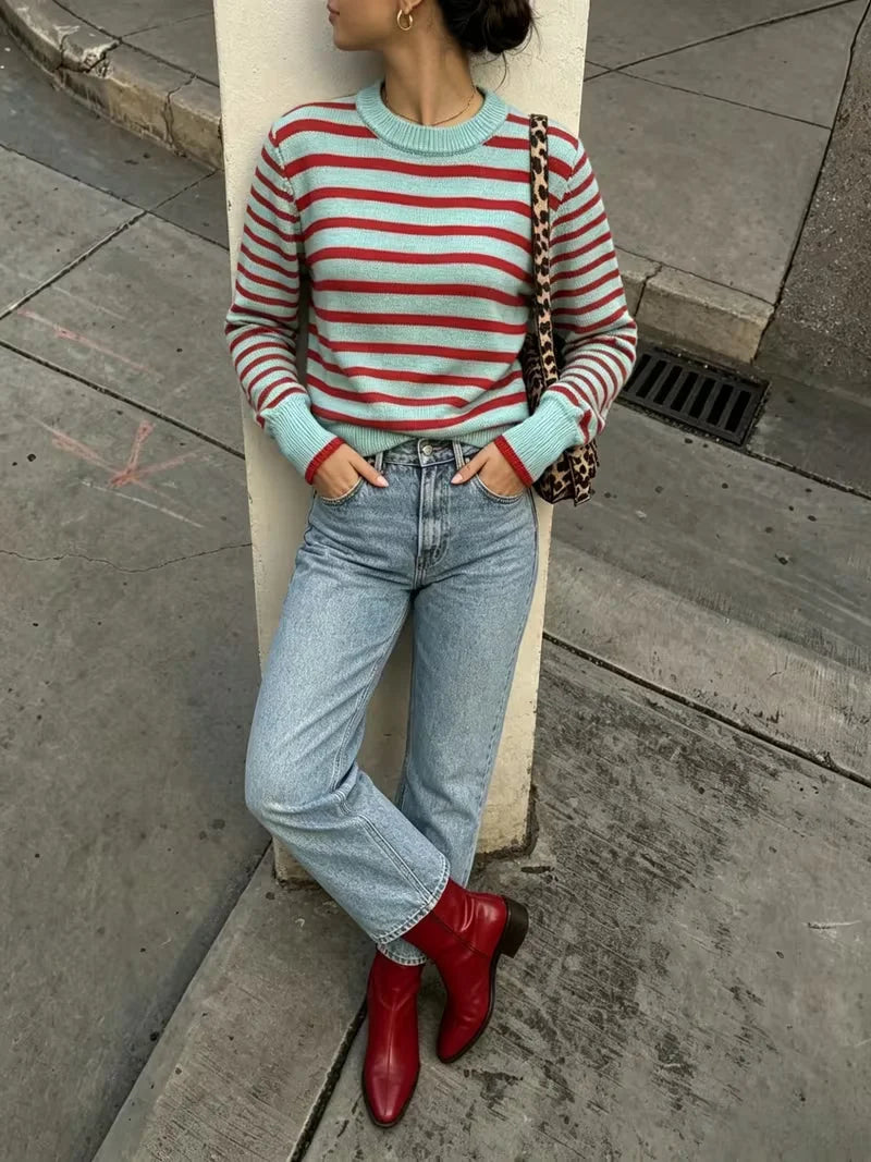 AIERTU  - Women Striped Knit Sweater Mint Green Red Crew Neck Long Sleeve Contrast Trim Casual Pullover Jumper Top Aiertu