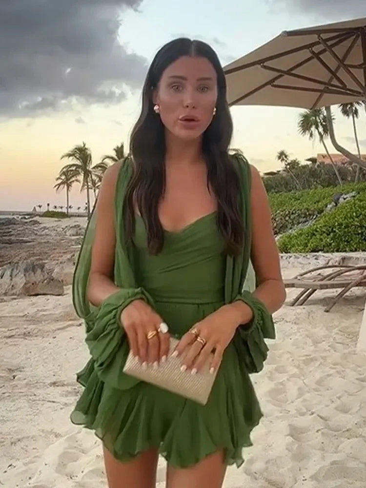 Aiertu Sexy Green Pleated Mini Dress For Women Elegant V-neck Split Long Sleeve A-line Dresses Summer Lady Solid Backless Lace Up Robes Aiertu