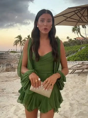 Aiertu Sexy Green Pleated Mini Dress For Women Elegant V-neck Split Long Sleeve A-line Dresses Summer Lady Solid Backless Lace Up Robes Aiertu
