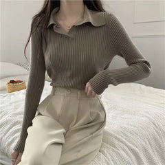 Aiertu FALL OUTFITS Knitted T Shirts For Women Clothes Streetwear High Quality Clothing Womens Polo Neck Tee Shirt Aesthetic Hot Top Vintage Striped aiertu