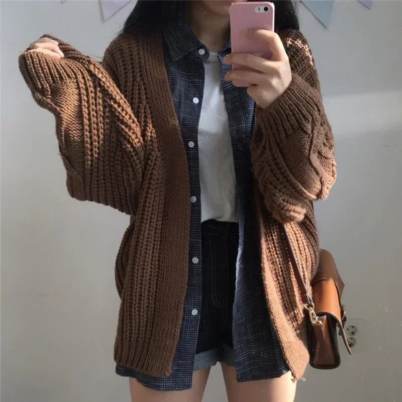 Oversized Knit Sweater Brown  Autumn Winter New Women Korean Fashion Sweet Long Sleeve Twisted Knitted Coat Sweater Cardigan Aiertu