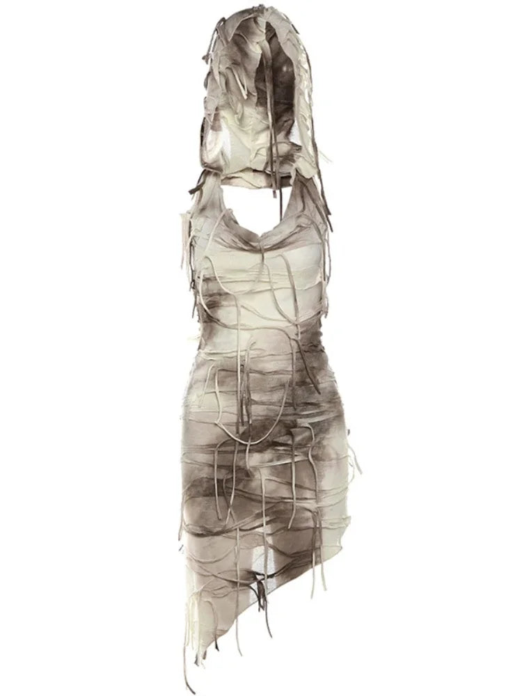 Aiertu Kalevest Gothic Vintage Tie Dye Print Slim Hooded Dresses Women Sexy Tassel Sleeveless Bodycon Club Party Mini Dress Streetwear Aiertu