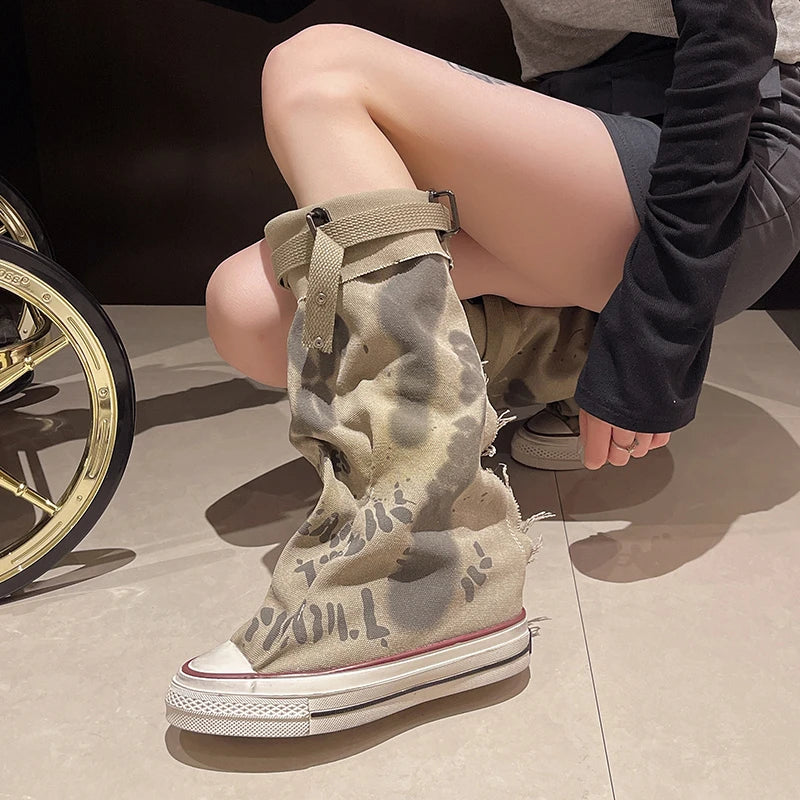 Aiertu Back  to school 2024 Graffiti High Top Canvas Shoes Women's Spring Boots Wide Barrel Mid Barrel Boots New Trouser Barrel Stacking Boots Aiertu