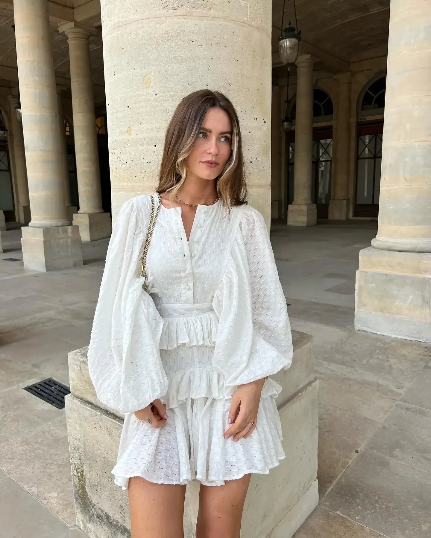 Aiertu Elegant Solid Ruffles Spliced Mini Dress For Women O Neck Long Lantern Sleeve Pleated Vestidos Summer Lady Party Street Dresses Aiertu