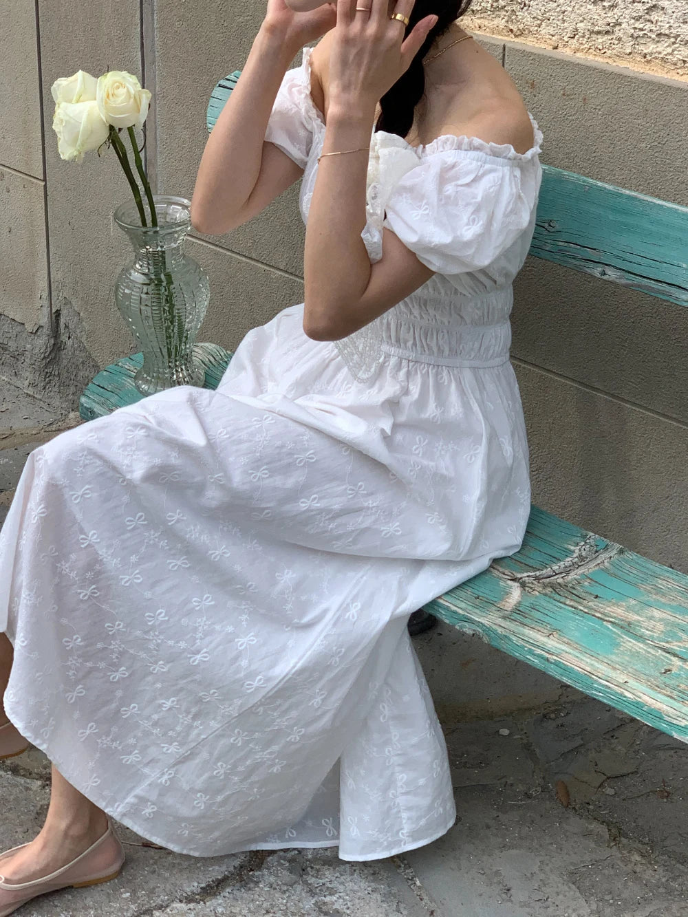 AIERTU  -  Retro Korean Style U-Neck Bubble Sleeve White Dress Women's Summer New Waist Cinched Maxi Freshwater Pearl Dress Aiertu
