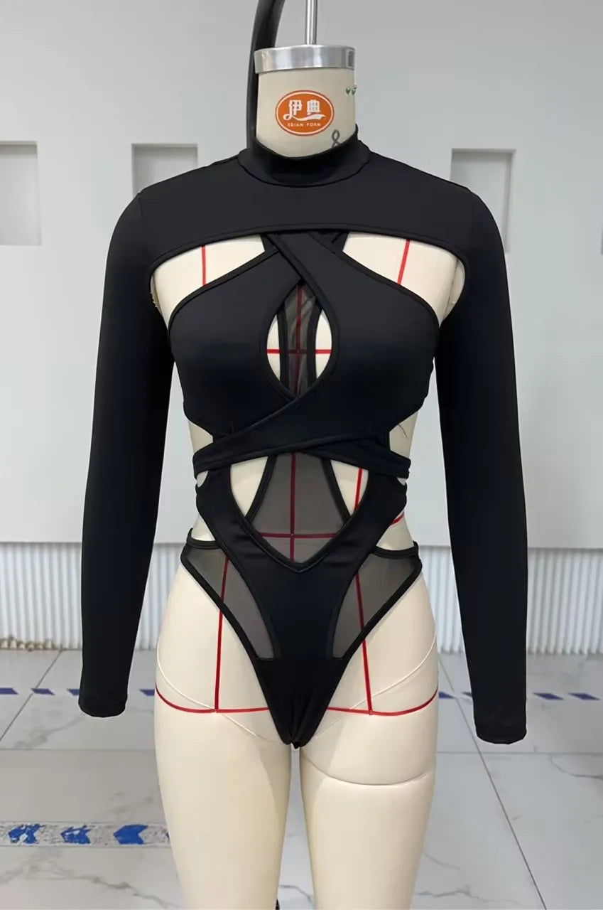 AIERTU  -  Women Slim Jumpsuit Long Sleeve Mock Neck Sheer Mesh Leotard Top Cut Out Bodysuit Rave Party Club Skinny Crop Top Female Outfit Aiertu