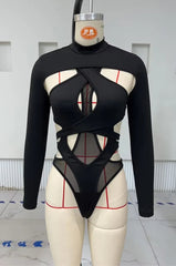 AIERTU  -  Women Slim Jumpsuit Long Sleeve Mock Neck Sheer Mesh Leotard Top Cut Out Bodysuit Rave Party Club Skinny Crop Top Female Outfit Aiertu
