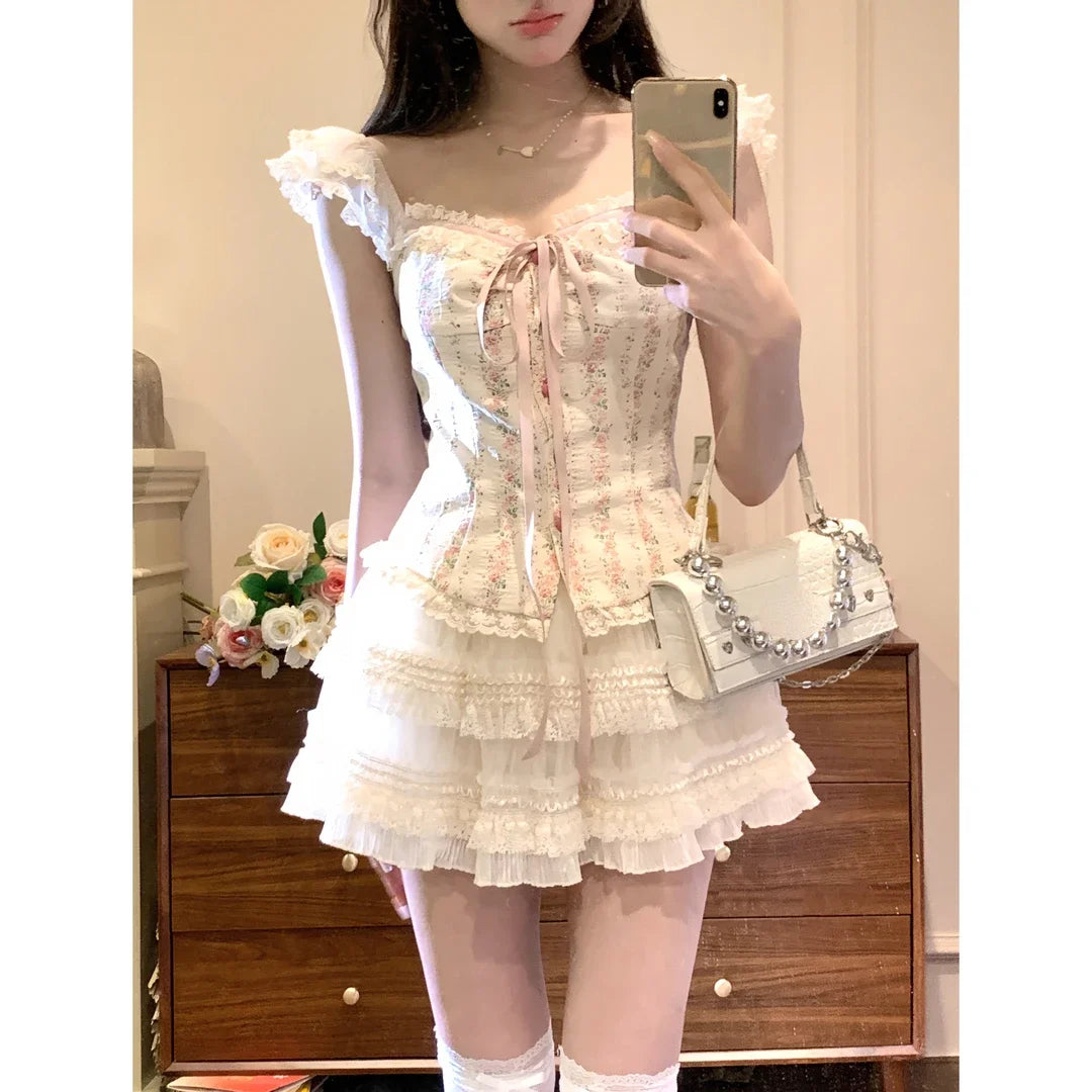 Elegant Retro 2 Piece Skirt Set Women Even Party Clothing Casual Y2k Crop Top Blouse + Slim Skirts 2000s Vintage Japanese Kawaii Aiertu